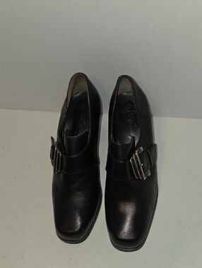 Fantasy Black Leather Heels Size 8 Made in Italy Chunky Heel Buckle